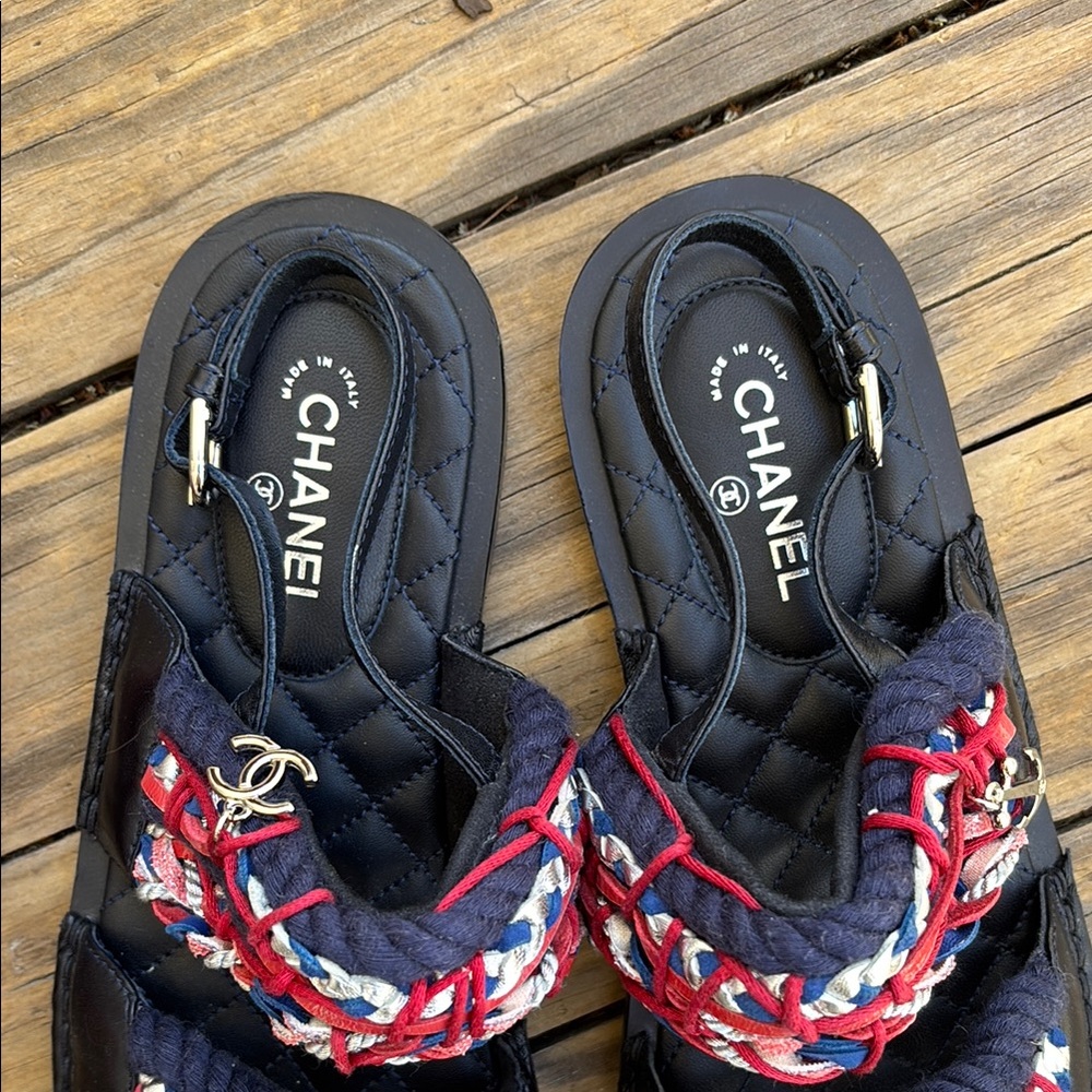 CHANEL Black Sandals with Red, Navy & White Braided Straps - Picture 2 of 3